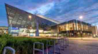 Wide shot of new design of Central Bank Center and Rupp Arena