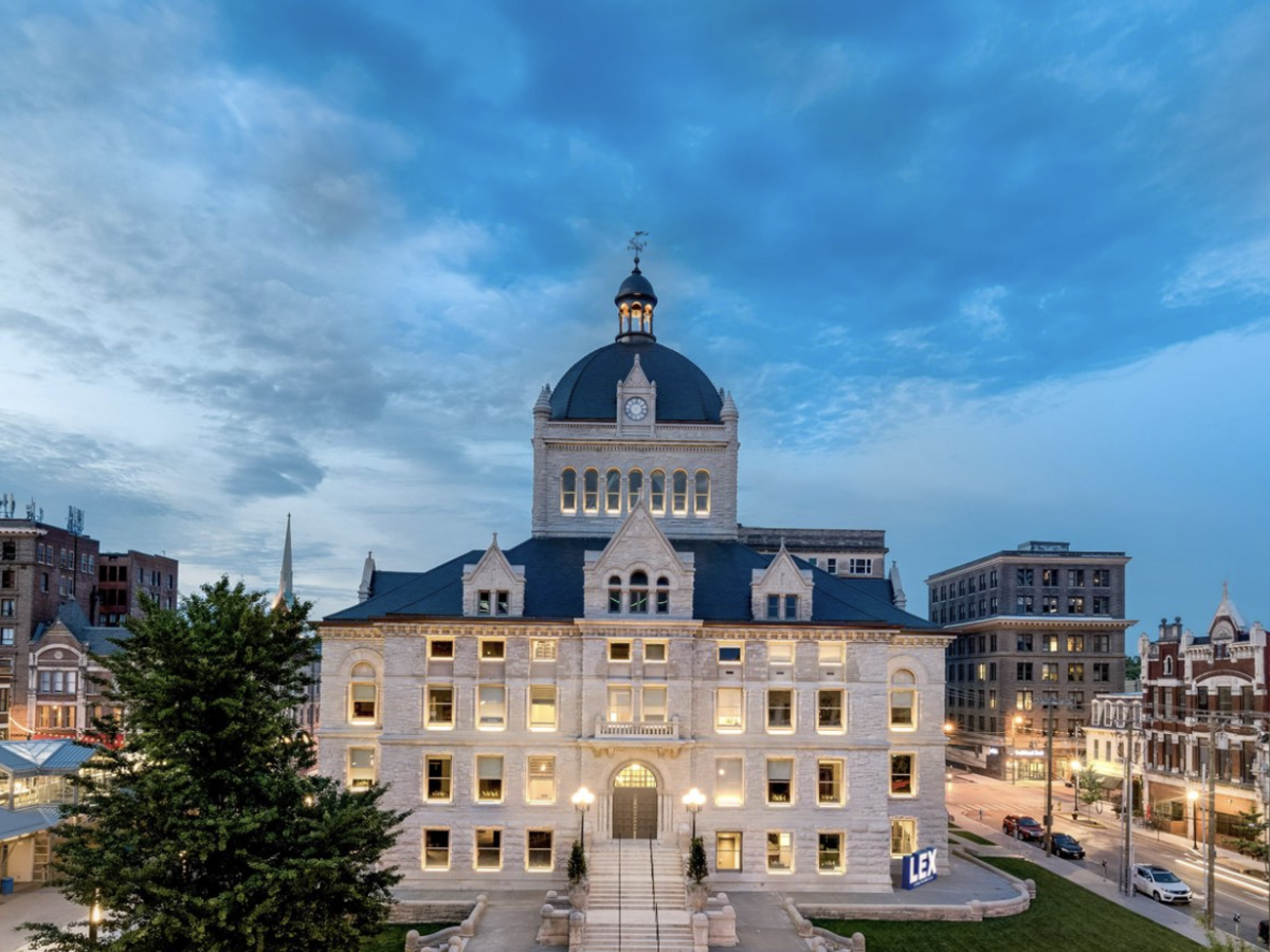 Old courthouse with blue roof